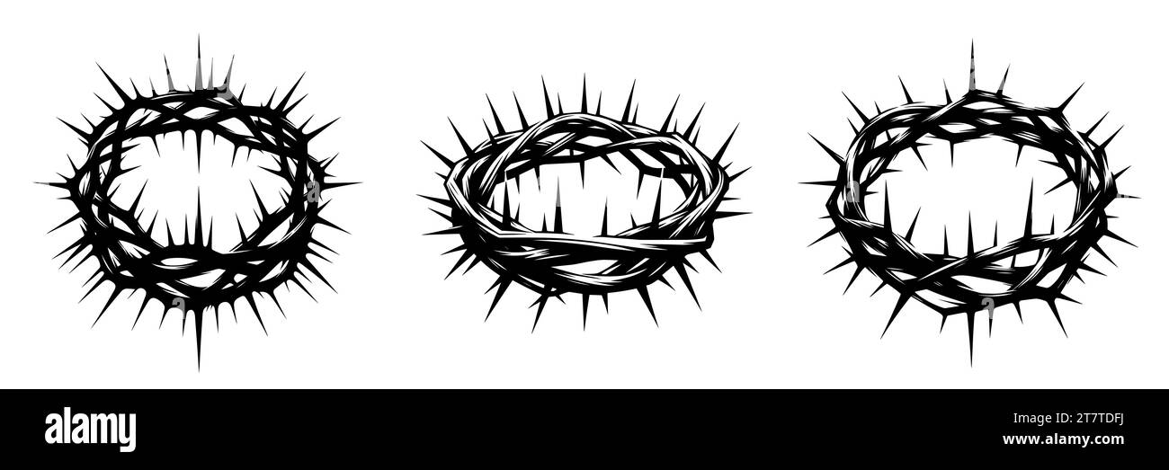Jeu de symboles religieux. Couronne noire abstraite d'épines sur fond blanc. Illustration vectorielle. Illustration de Vecteur