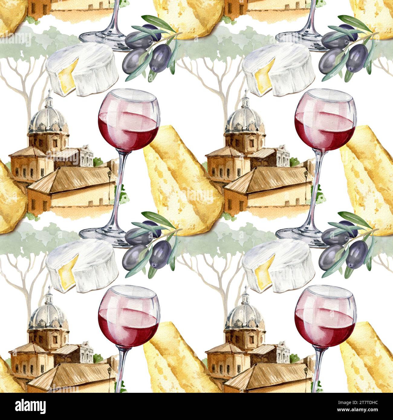Aquarelle modèle sans couture avec du vin rouge, fromages italiens et français, brie, camembert et parmesan, olives fruits sur la scène de la vieille ville ba Banque D'Images