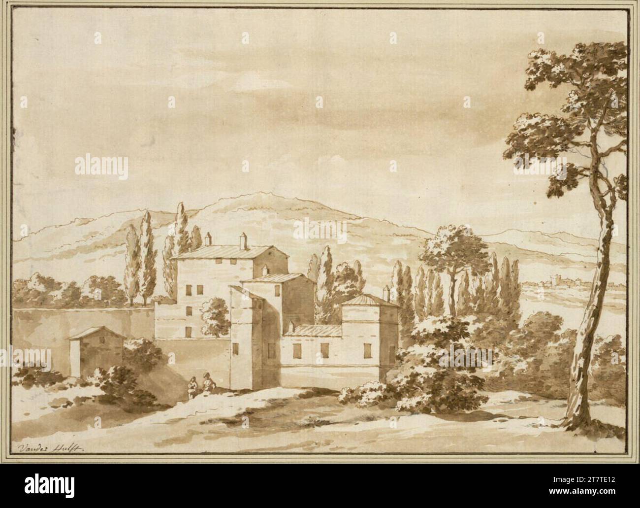 Jacob van der Ulft Maison de campagne italienne en face d'un paysage vallonné. FEDER en brun, brun lavé, accentué avec de la craie noire. Plis verticaux continus au milieu ; le RE. déchiré le coin inférieur et ajouté à nouveau. Banque D'Images