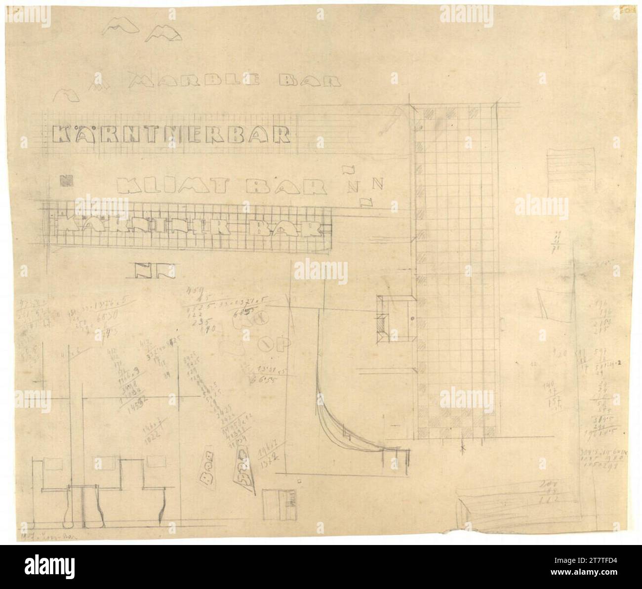 Adolf Loos (Entwerfer in) Bar de Carinthie, Vienne I., Carinthie ronde, dessins écrits, croquis divers. Papier-enseigne ; crayon 1908 , 1908 Banque D'Images