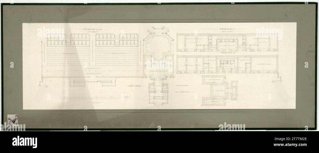 Ludwig Müller (Entwerfer in) Vienne, Krieau, trot Racing system, projet compétitif Ludwig Müller, tribune I, II, Hoffloge, plan d'étage. Dessin au crayon, aquarelle (violet) dessin sur boîte de montage (vert), cadrage au crayon, marquage de compétition : copie (tête de cheval avec cavalier) installée en bas à gauche 1898 , 1898 Banque D'Images