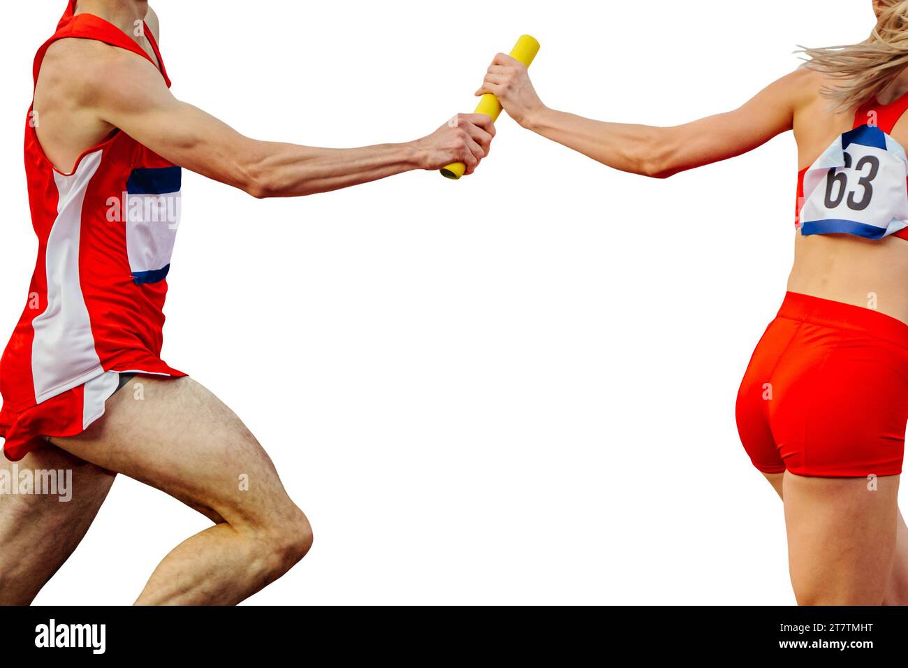 équipe mixte d'athlétisme en course de relais 4 × 400 mètres en athlétisme d'été, isolé sur fond blanc Banque D'Images