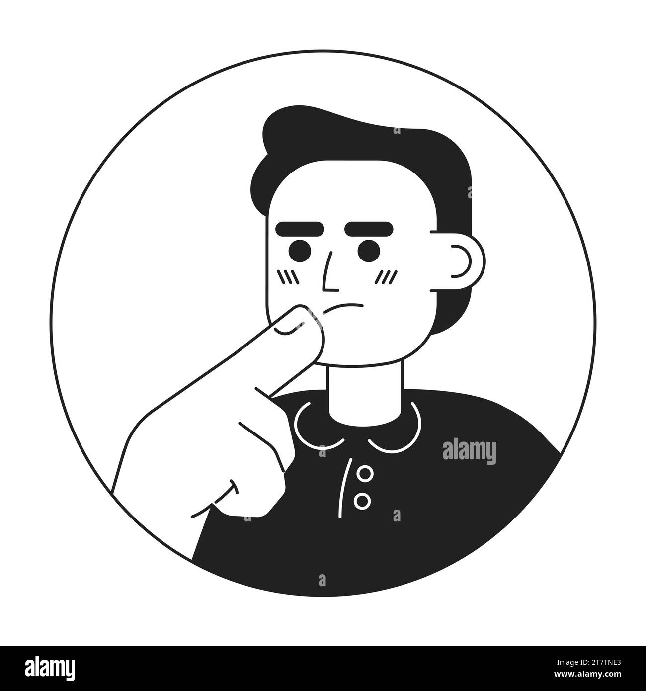 Homme européen aux cheveux courts touchant le menton illustration d'avatar vectoriel 2D noir et blanc Illustration de Vecteur