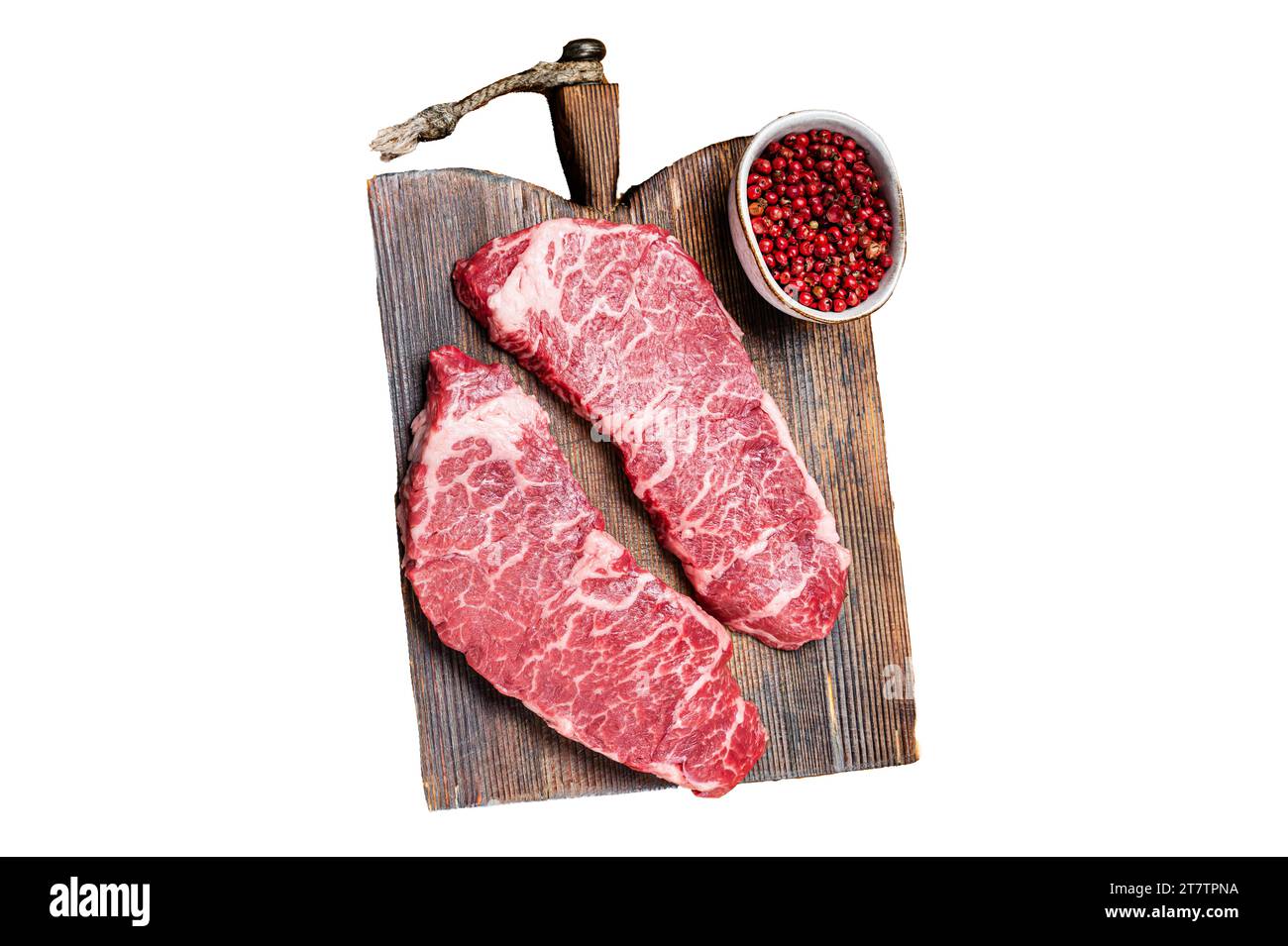 Viande de boeuf de Denver crue Steak avec poivre rose et thym. Isolé, fond blanc Banque D'Images