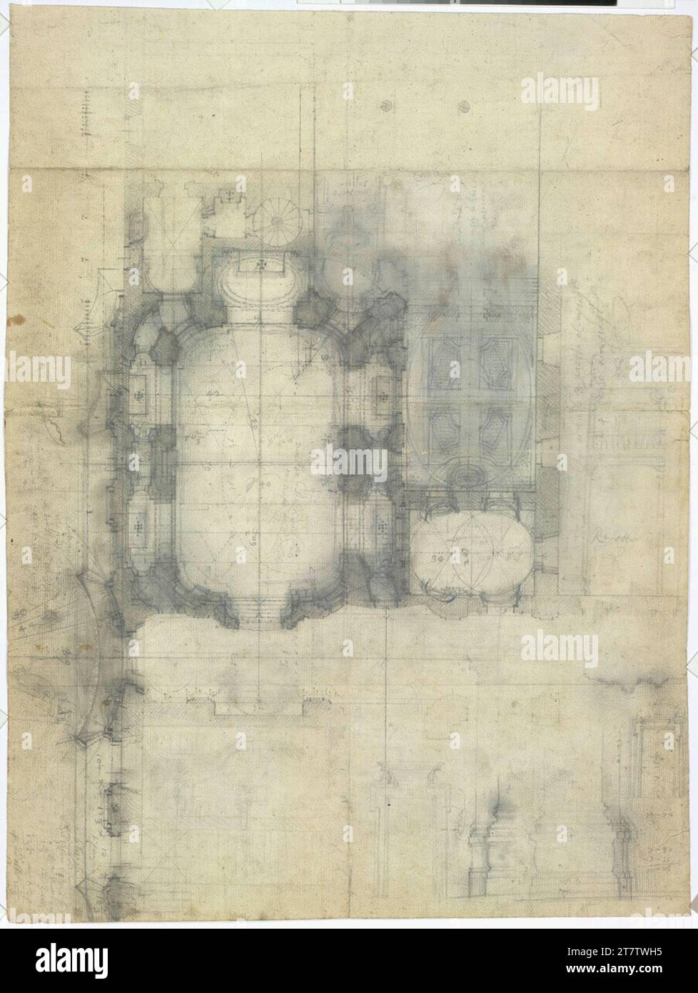 Francesco Borromini (Entwerfer_in) Rome, Collegio di Propaganda Fide, Chiesa dei Re Magi, version finale avec zones adjacentes. Papier, ferme ; dessin en graphite ; Construction, dessin, echelle et marquage en graphite, nombreux pentiments 1660, 1660 Banque D'Images