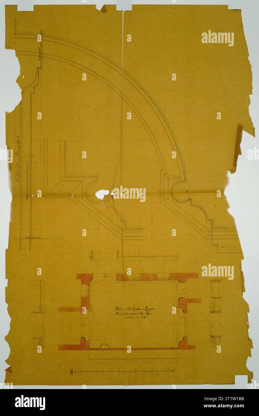 Carl von Hasenauer Vienne I, Bösendorferstraße 13, Palais Lützow, cour, base de façade, plans d'étage. Papier transparent, printemps en noir et rouge, aquarelle vers 1870 Banque D'Images