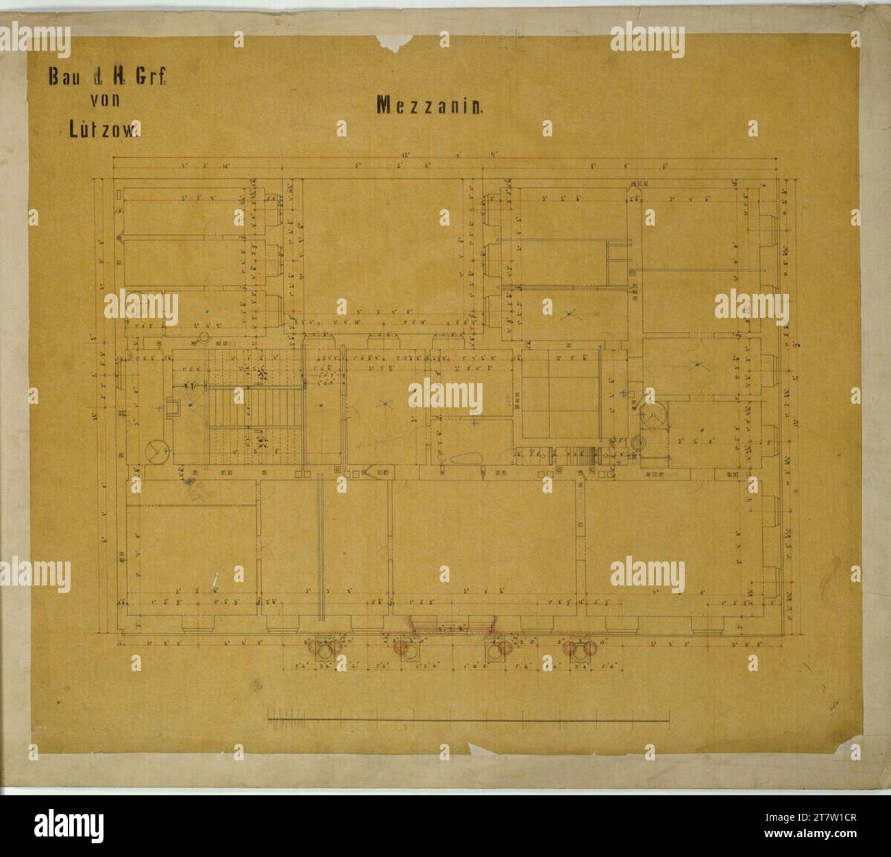 Carl von Hasenauer Vienne I, Bösendorferstraße 13, Palais Lützow, Mezzanin, plan d'étage. Papier transparent sur papier, crayon, printemps en noir, rouge et bleu vers 1870 Banque D'Images