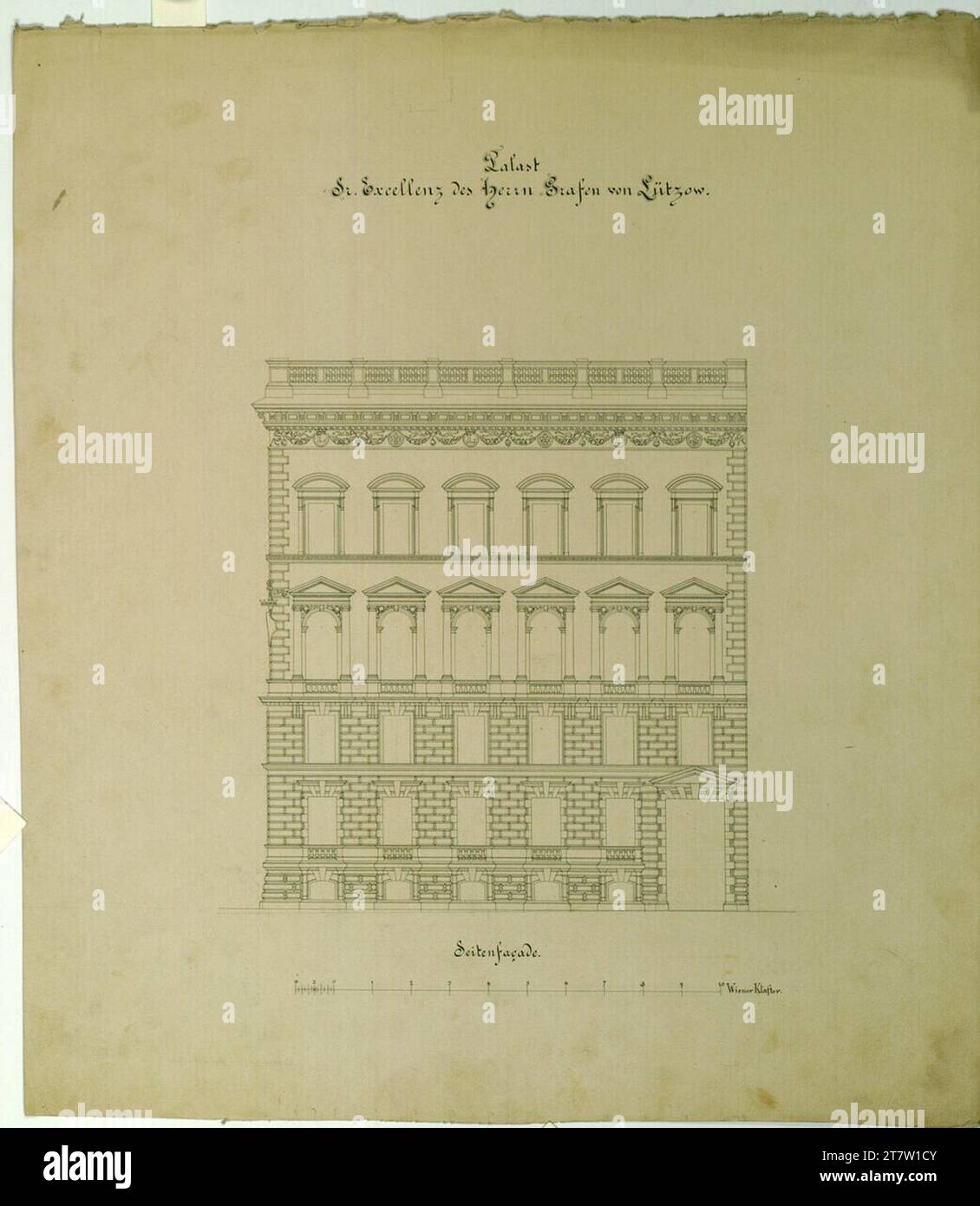 Carl von Hasenauer Vienne I, Bösendorferstraße 13, Palais Lützow, façade contre Dumbastraße. Stylo en noir, crayon vers 1870 Banque D'Images
