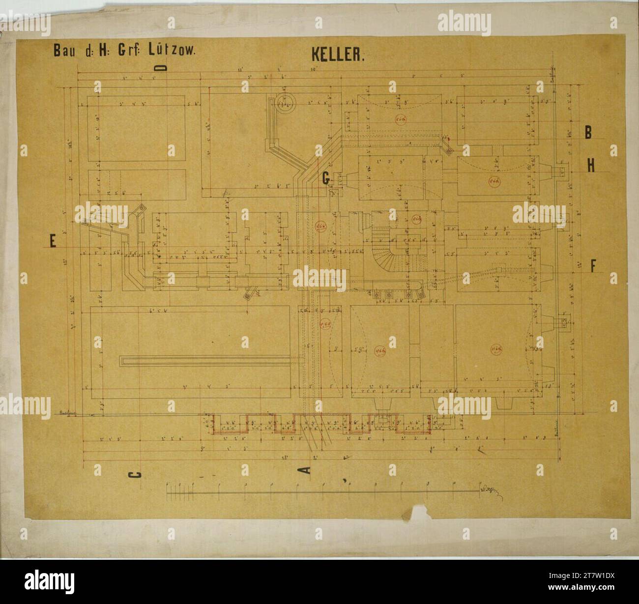 Carl von Hasenauer Vienne I, Bösendorferstraße 13, Palais Lützow, Keller, plan d'étage. Papier transparent sur papier, crayon, printemps en noir, rouge et bleu vers 1870 Banque D'Images