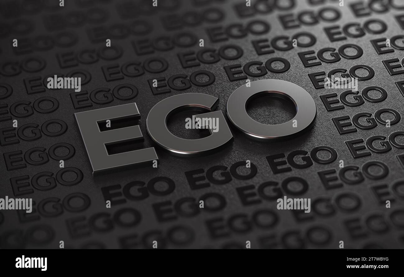 Ego surgonflé sur fond noir. Concept d'égocentrisme. illustration 3d. Banque D'Images