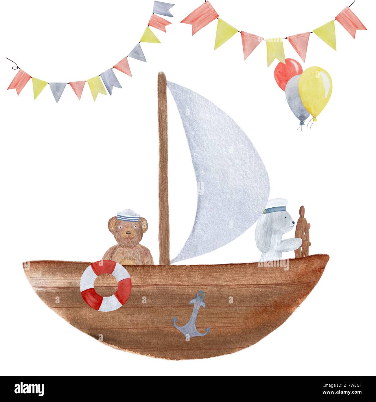 Aquarelle ours en peluche lapin dans une carte de bateau isolé sur blanc Banque D'Images