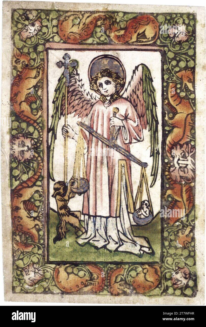 Anonym Saint Michel. Gravure sur bois, colorée vers 1440-1460 Banque D'Images