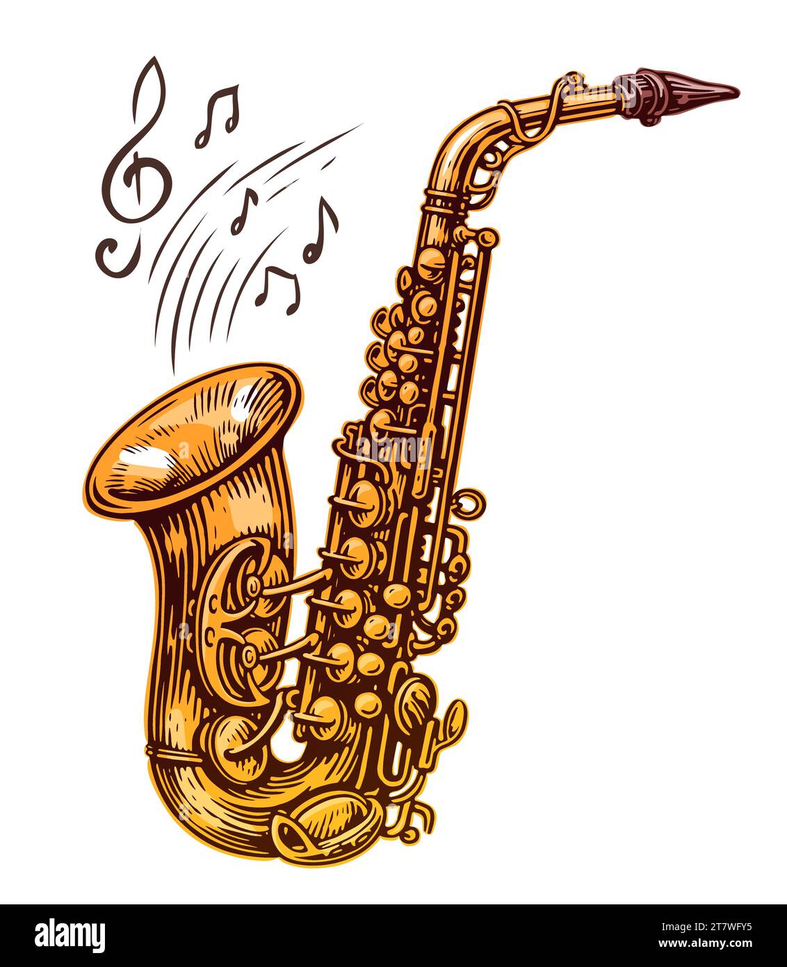 Saxophone avec notes de musique isolé sur fond blanc. Instrument de musique jazz à vent. Illustration vectorielle Illustration de Vecteur