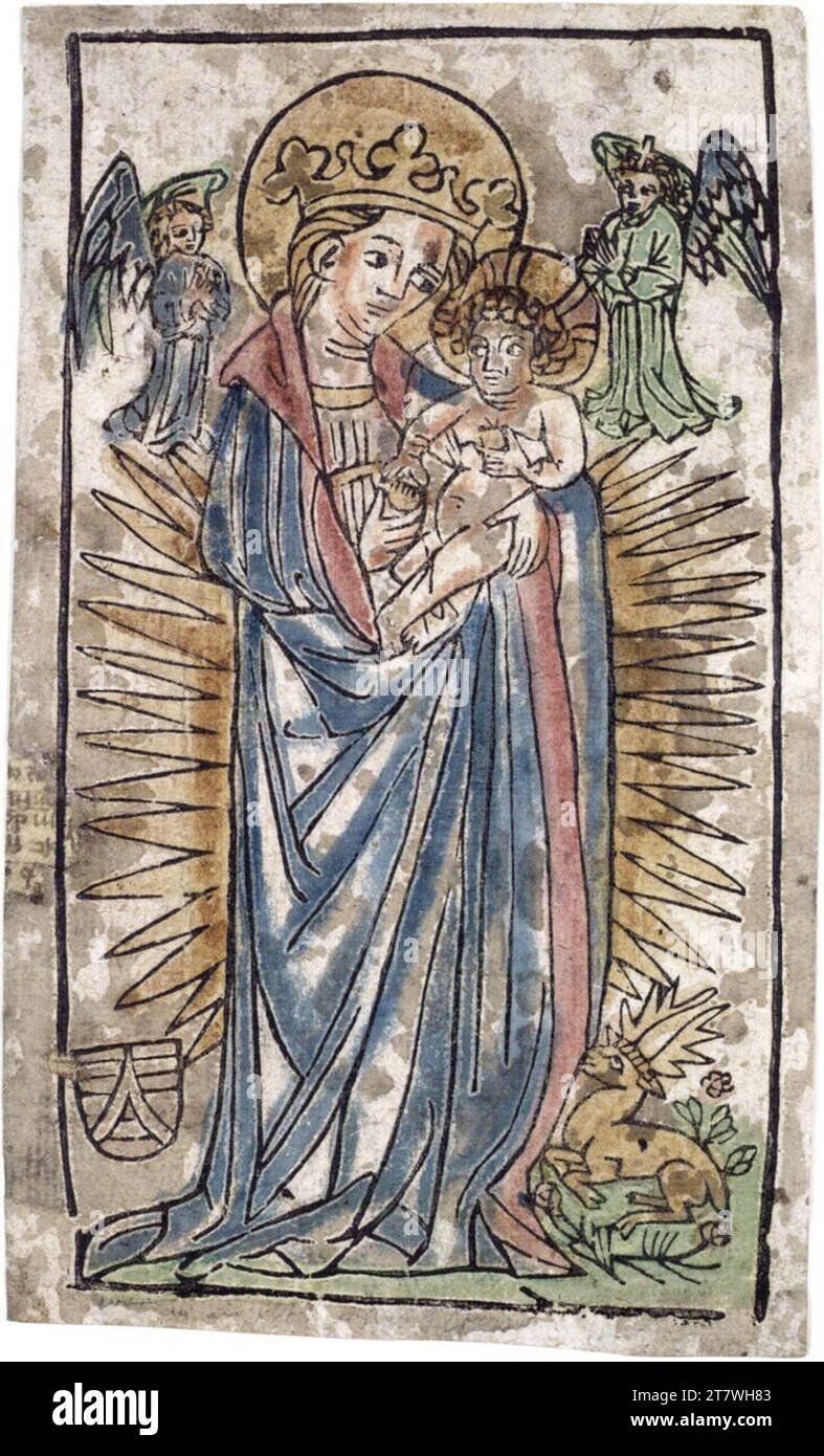 Anonym Maria avec l'enfant, les anges, le cerf et les armoiries. Gravure sur bois, couleur Mitte 15. Century Banque D'Images