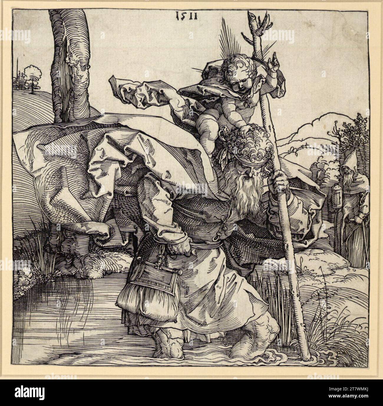 Albrecht Dürer le Saint Christophore. Gravure sur bois : la feuille est coupée jusqu'au bord de la plaque, la ligne de bordure supérieure a été suivie manuellement 1511, 1511 Banque D'Images