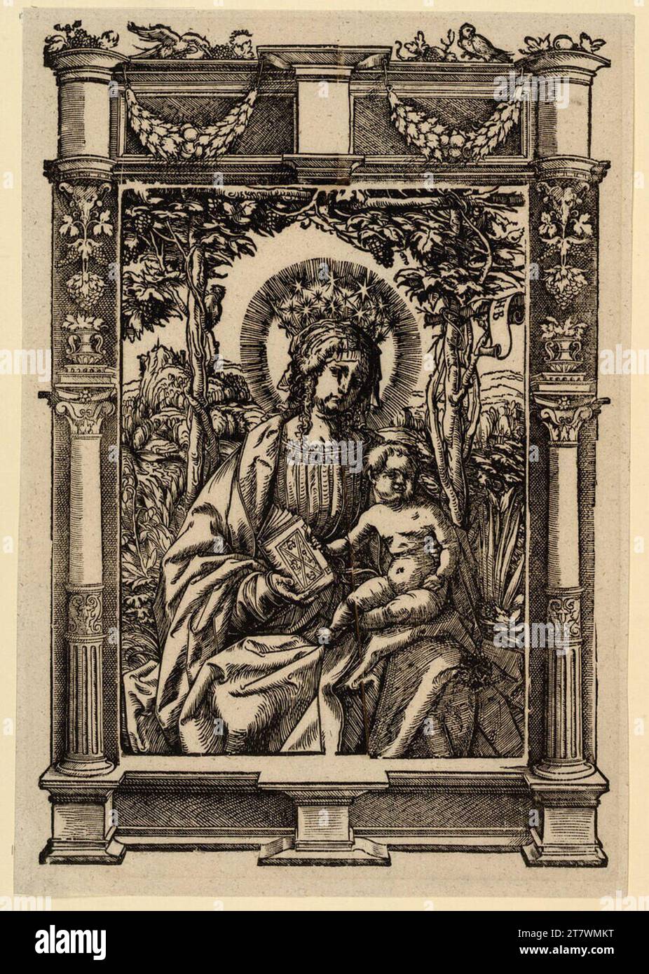 Hans Burgkmair d. Ä. Maria avec enfant dans la tonnelle de vin, dans le cadre architectural de Hans Weiditz. Gravure sur bois vers 1507-1509 Banque D'Images