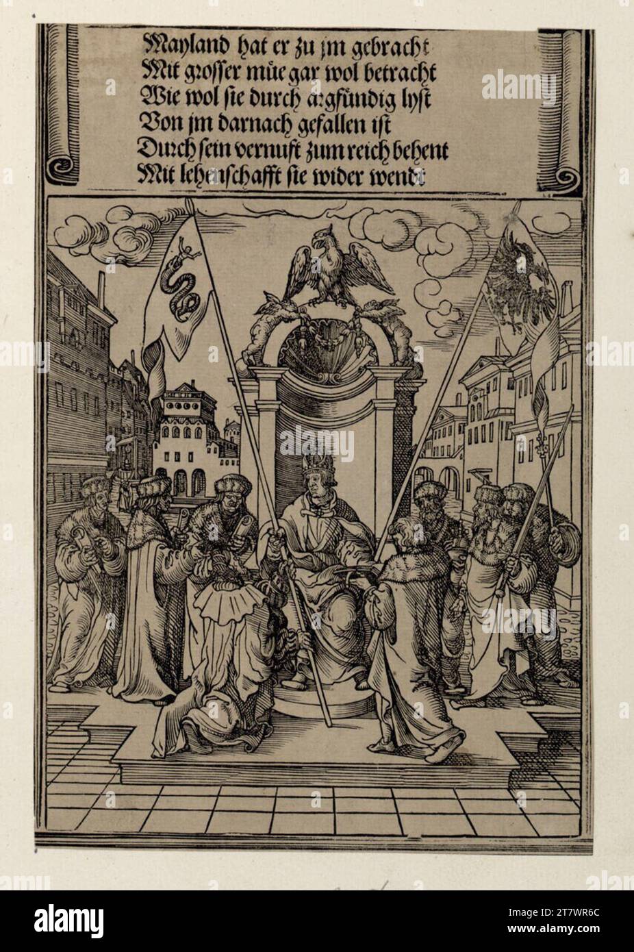 Albrecht Dürer prête Massimiliano Sforzas à Milan 1512 (la porte d'honneur de l'empereur Maximilians I, représentations historiques, C '2,8). Gravure sur bois 1515 (Separatausgabe A, deutsch, vers 1520) , 1515 Banque D'Images