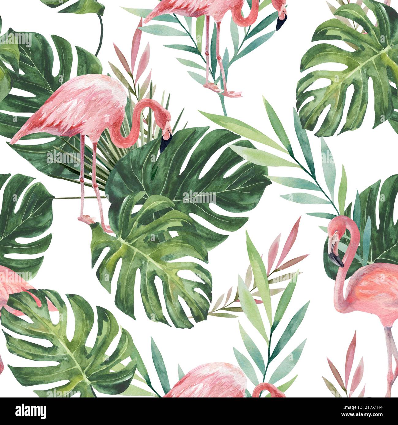 Motif sans couture de flamants roses avec des feuilles tropicales vertes. Dessin aquarelle à la main sur un fond blanc.dessin pour la conception de souvenirs, p Banque D'Images