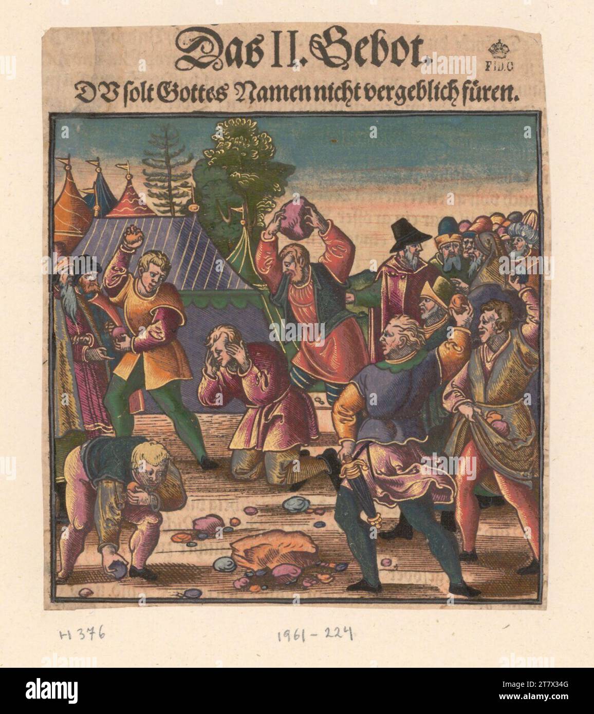 Le catéchisme de Hans Broramer Luther : la lapidation du blasphème (les dix commandements). Gravure sur bois, couleur 1553 ? , 1553 ? Banque D'Images