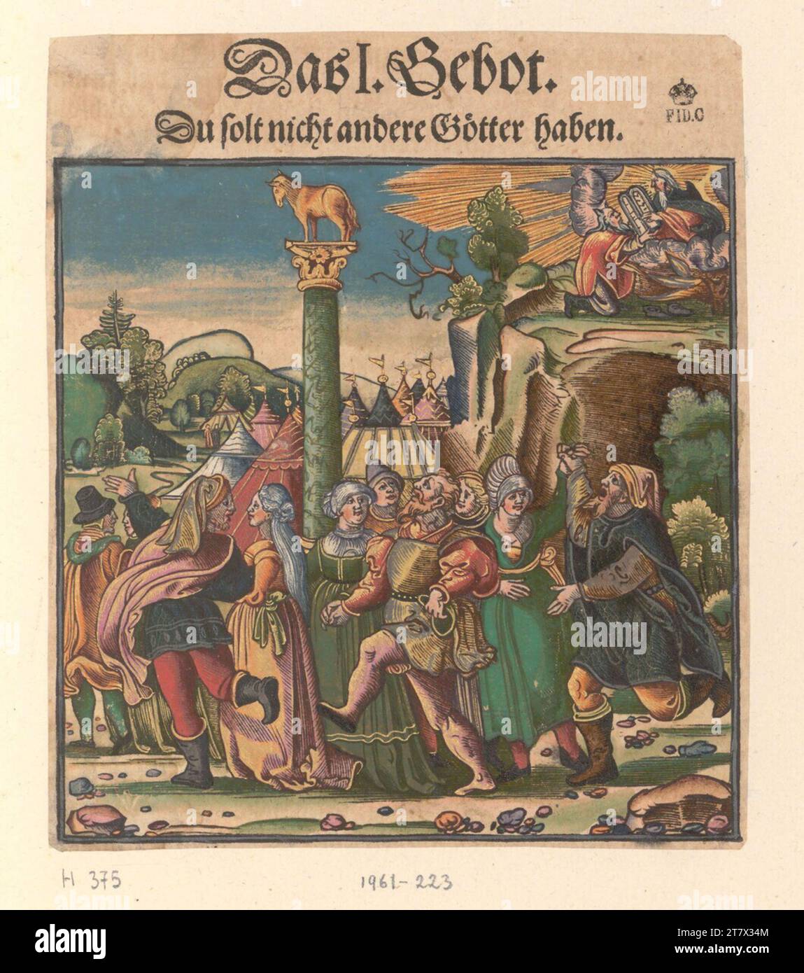 Le catéchisme de Hans Brosanmer Luther : le veau d'or (les dix commandements). Gravure sur bois, couleur 1553 ? , 1553 ? Banque D'Images