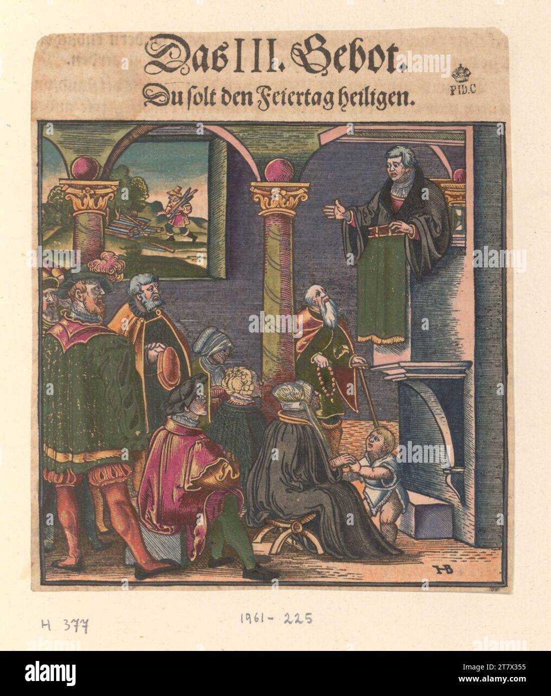 Le catéchisme de Hans Broramer Luther : un prédicateur à la chaire (les dix offres). Gravure sur bois, couleur 1553 ? , 1553 ? Banque D'Images