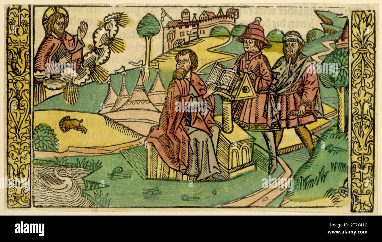 Johannes Otmar Moses écrit les dix offres. Gravure sur bois, colorée 1507, 1507 Banque D'Images