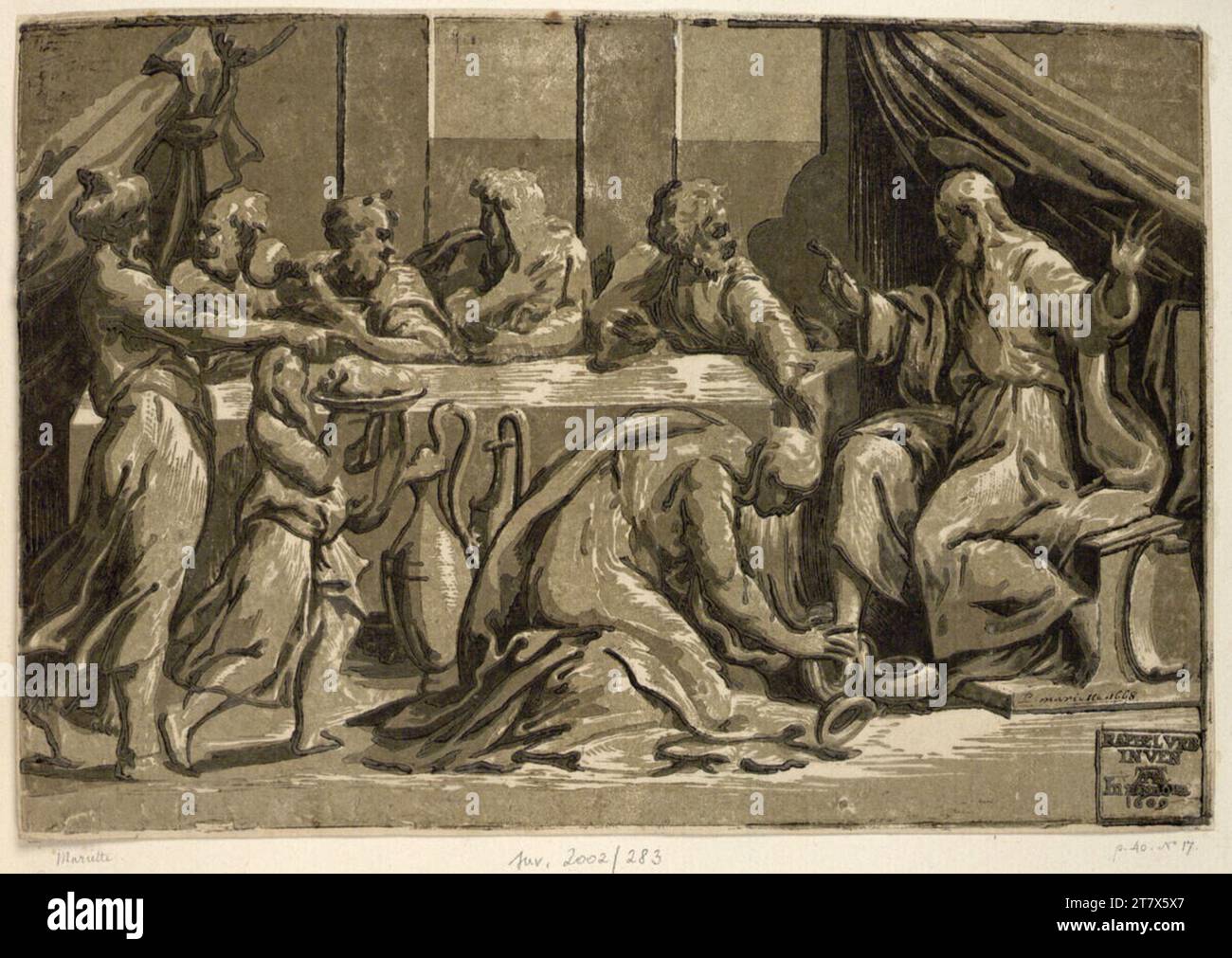 Alessandro Gandini le repas d'accueil dans la Maison des Pharisiens Simon. Clair OBSCUR gravure sur bois de trois planches vers 1540-1550 (Neuauflage Andreani 1609) Banque D'Images