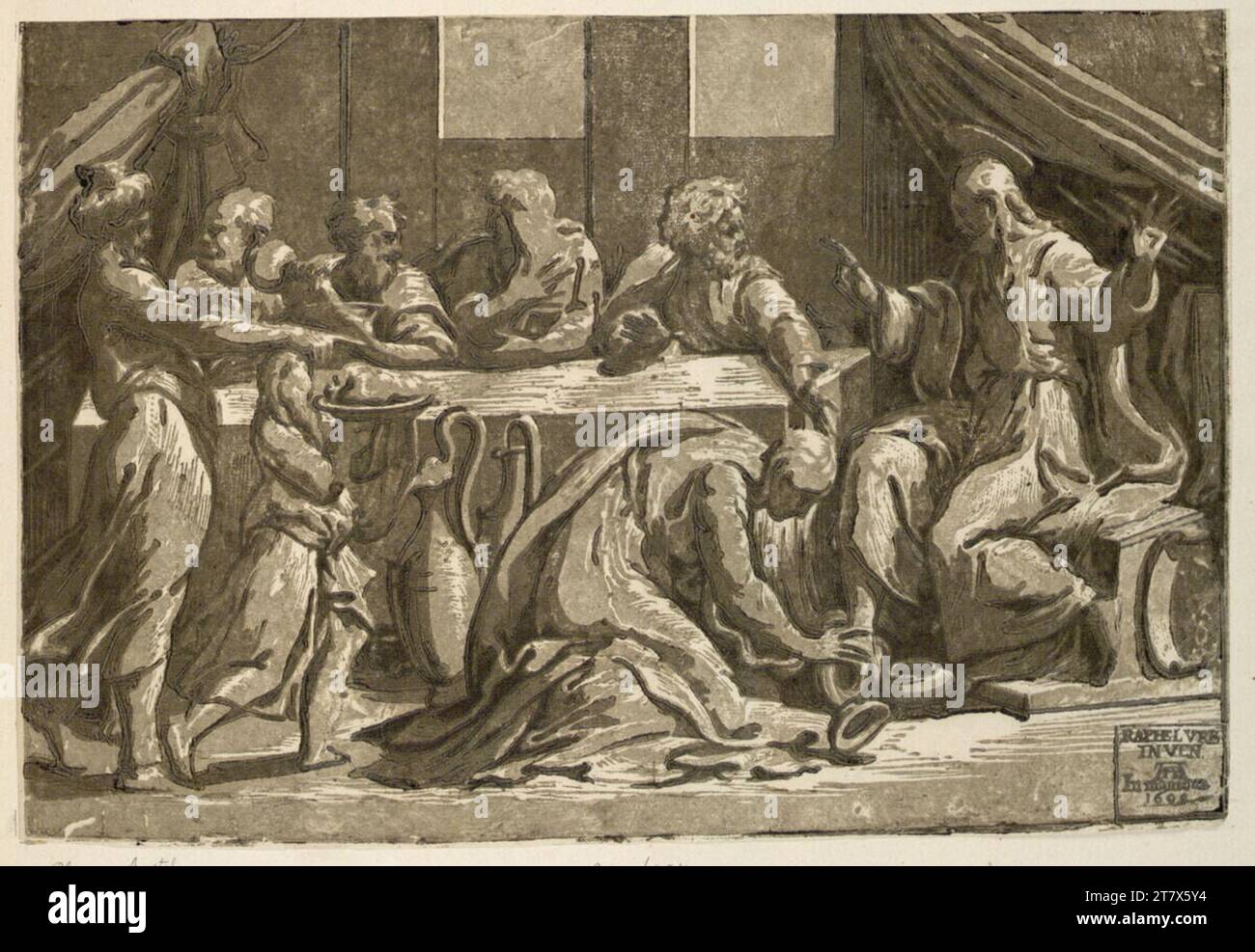 Alessandro Gandini le repas d'accueil dans la Maison des Pharisiens Simon. Clair OBSCUR gravure sur bois de trois planches vers 1540-1550 (Neuauflage Andreani 1609) Banque D'Images