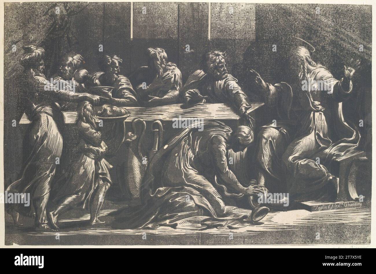 Alessandro Gandini le repas d'accueil chez Simons des Pharisiens. Clair OBSCUR gravure sur bois en trois planches (gris et noir) vers 1540-1550 Banque D'Images