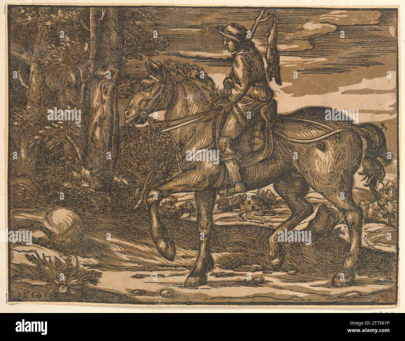Niccolò Boldrini a des chasseurs à cheval. Clair OBSCUR gravure sur bois en deux planches (marron) 1566 , 1566 Banque D'Images