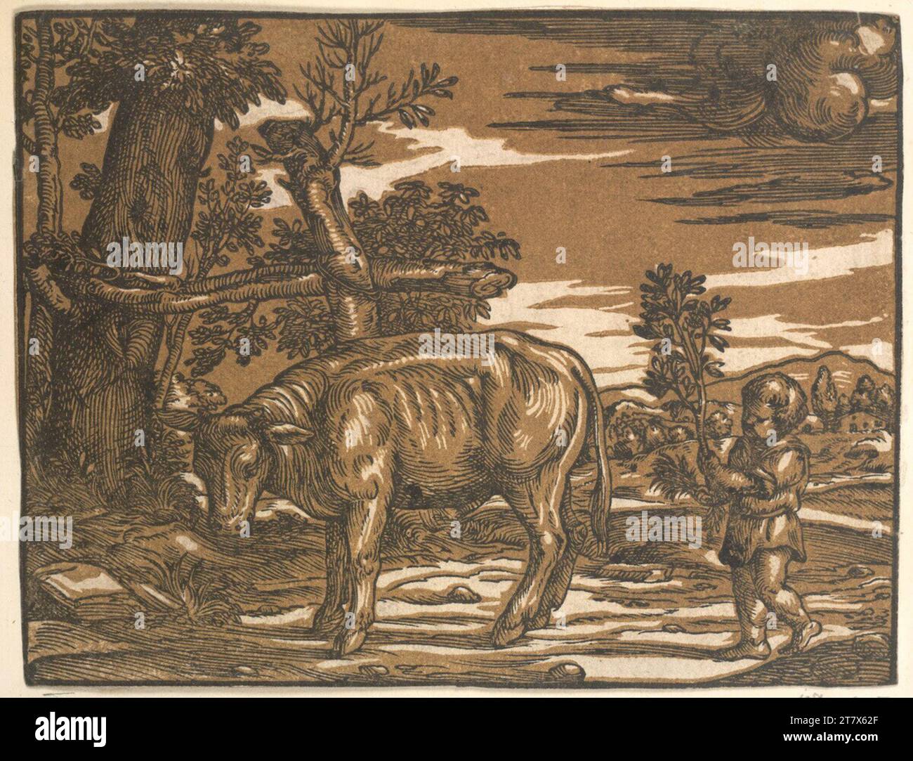 Niccolò Boldrini Berger garçon avec un jeune taureau. Clair OBSCUR gravure sur bois en deux planches (marron) vers 1560-1570 Banque D'Images