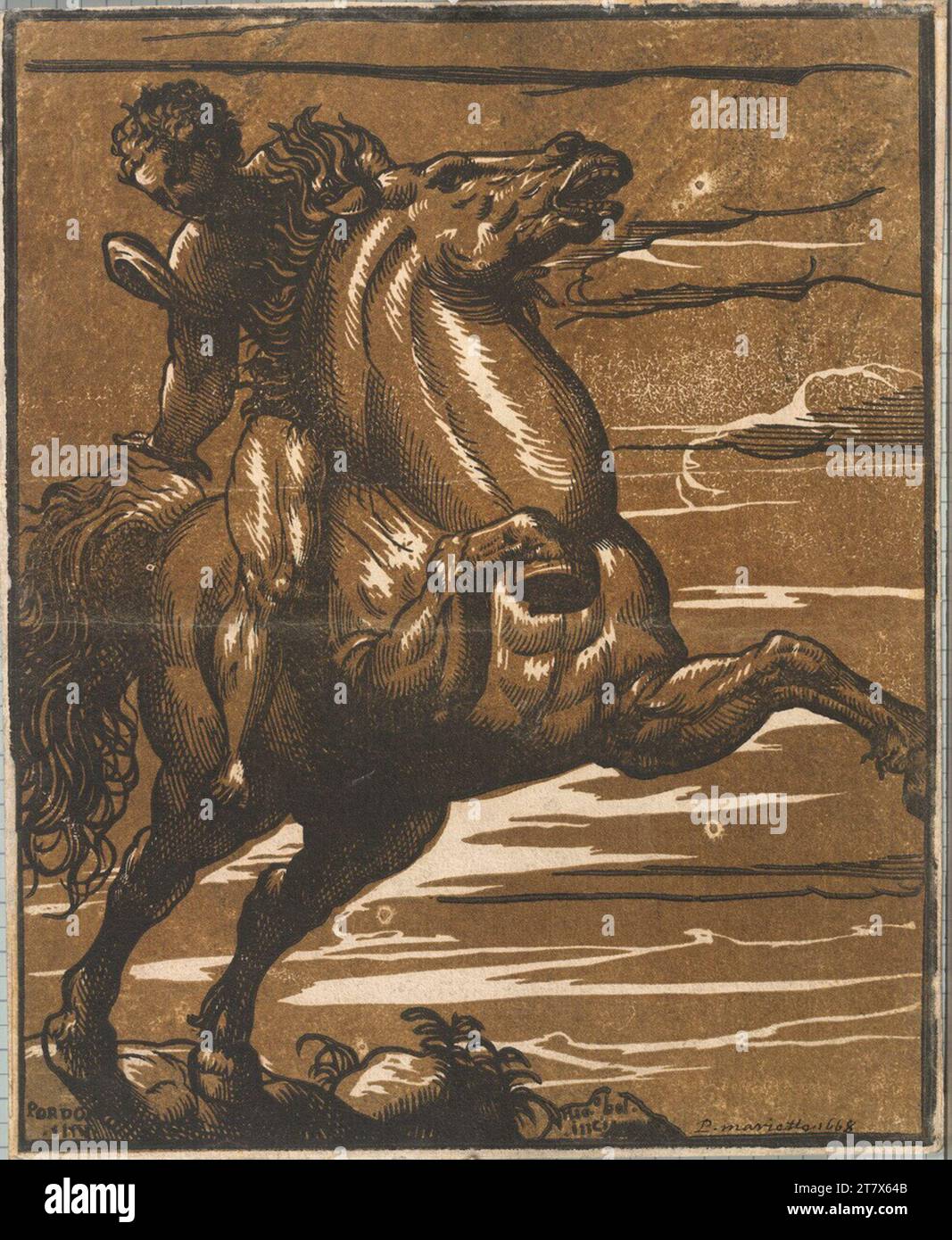 Niccolò Boldrini Jumping Rider. Clair OBSCUR gravure sur bois dans deux assiettes (marron) ca. 1560-1570 , 1560/1570 Banque D'Images