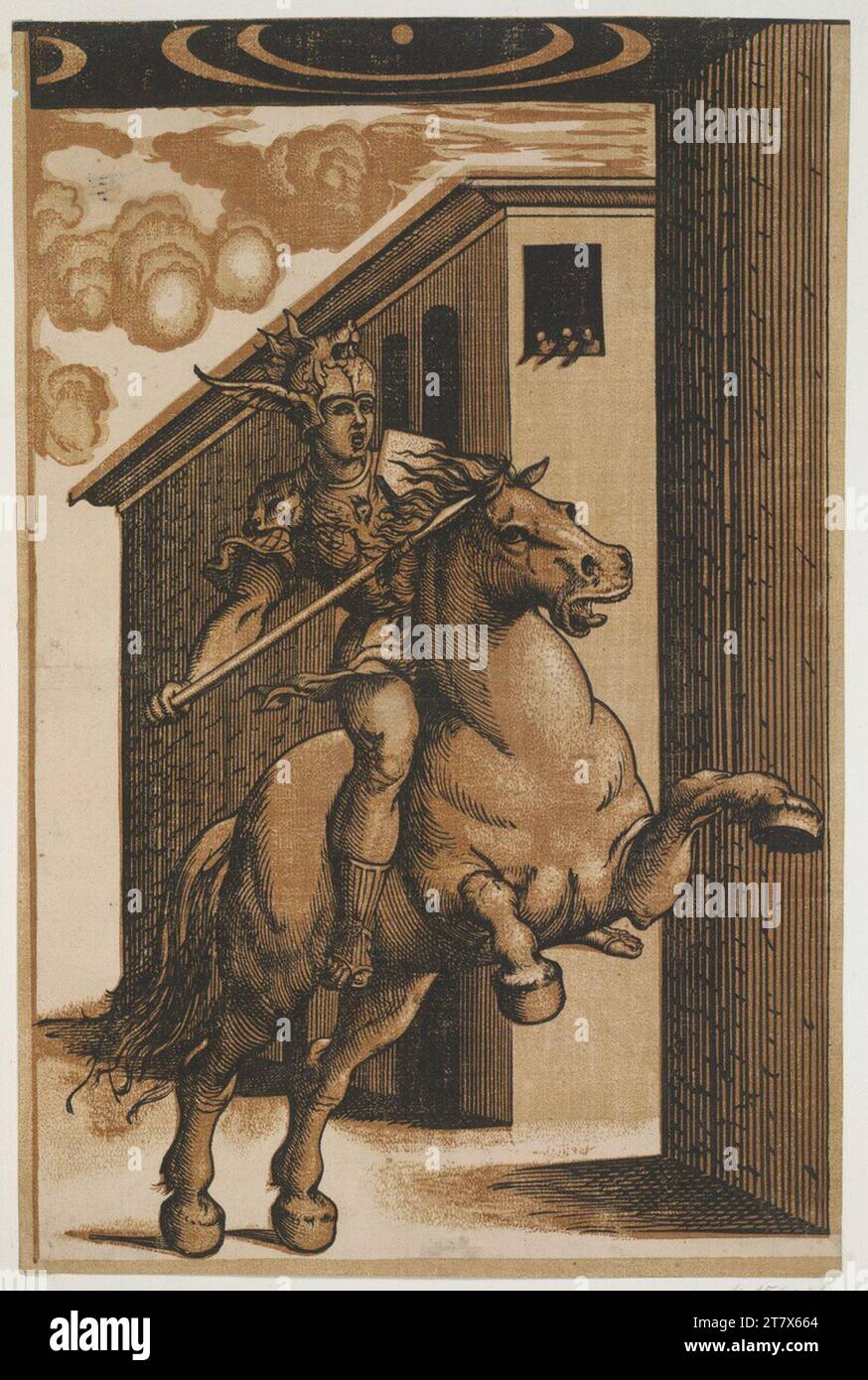 Niccolò Boldrini Marcus Curtius à cheval. Clair OBSCUR gravure sur bois en trois planches (ocre, marron) Zweites Drittel 16. Century Banque D'Images