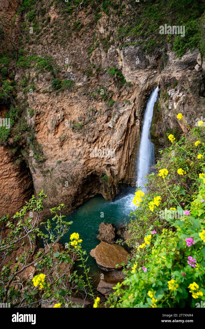 Cascade près du pont historique de Ronda dans la région de Pueblos Blancos, Andalousie, Espagne, Europe Banque D'Images