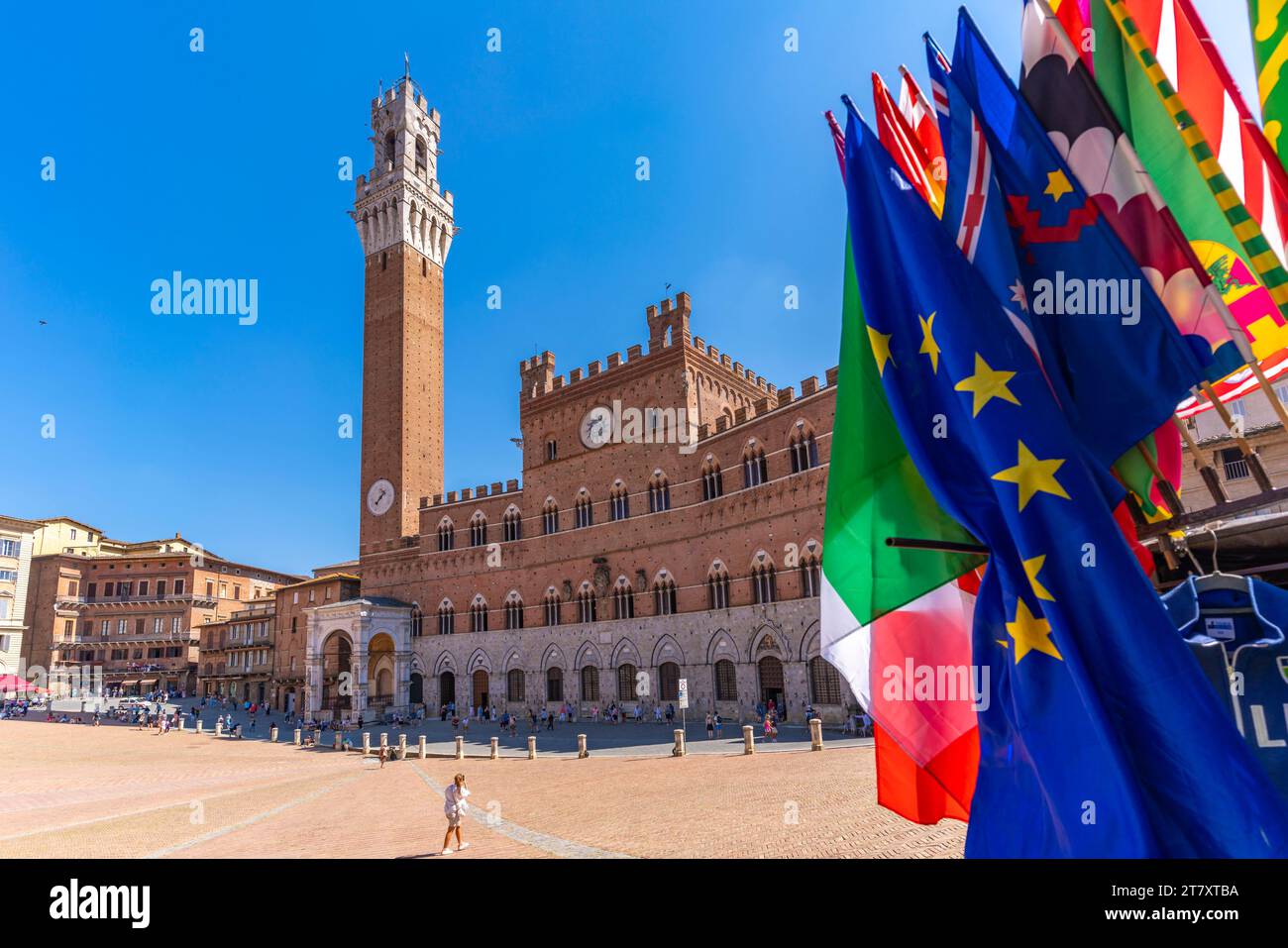 Vue des drapeaux et Palazzo Pubblico sur Piazza del Campo, site du patrimoine mondial de l'UNESCO, Sienne, Toscane, Italie, Europe Banque D'Images