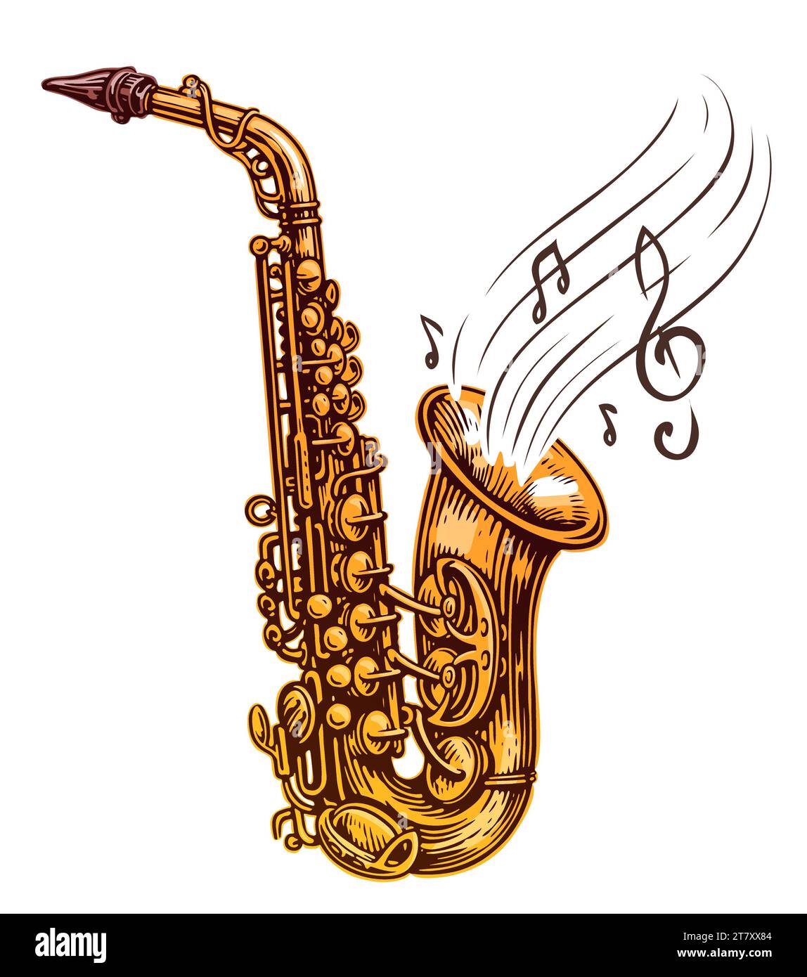 Instrument de musique saxophone avec des notes de musique sortant, illustration isolée sur fond blanc Illustration de Vecteur