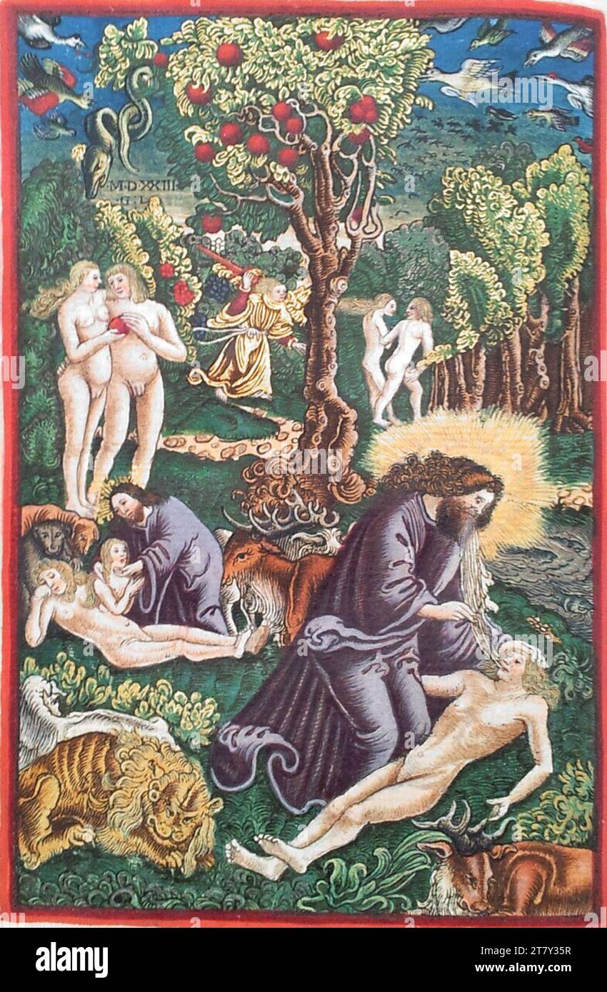 Georg Lemberger Old Will (Luther Bible) : création de l'humanité, chute et expulsion du Paradis (1e Moïse 1, 2, 3). Gravure sur bois, colorée 1524, 1524 Banque D'Images