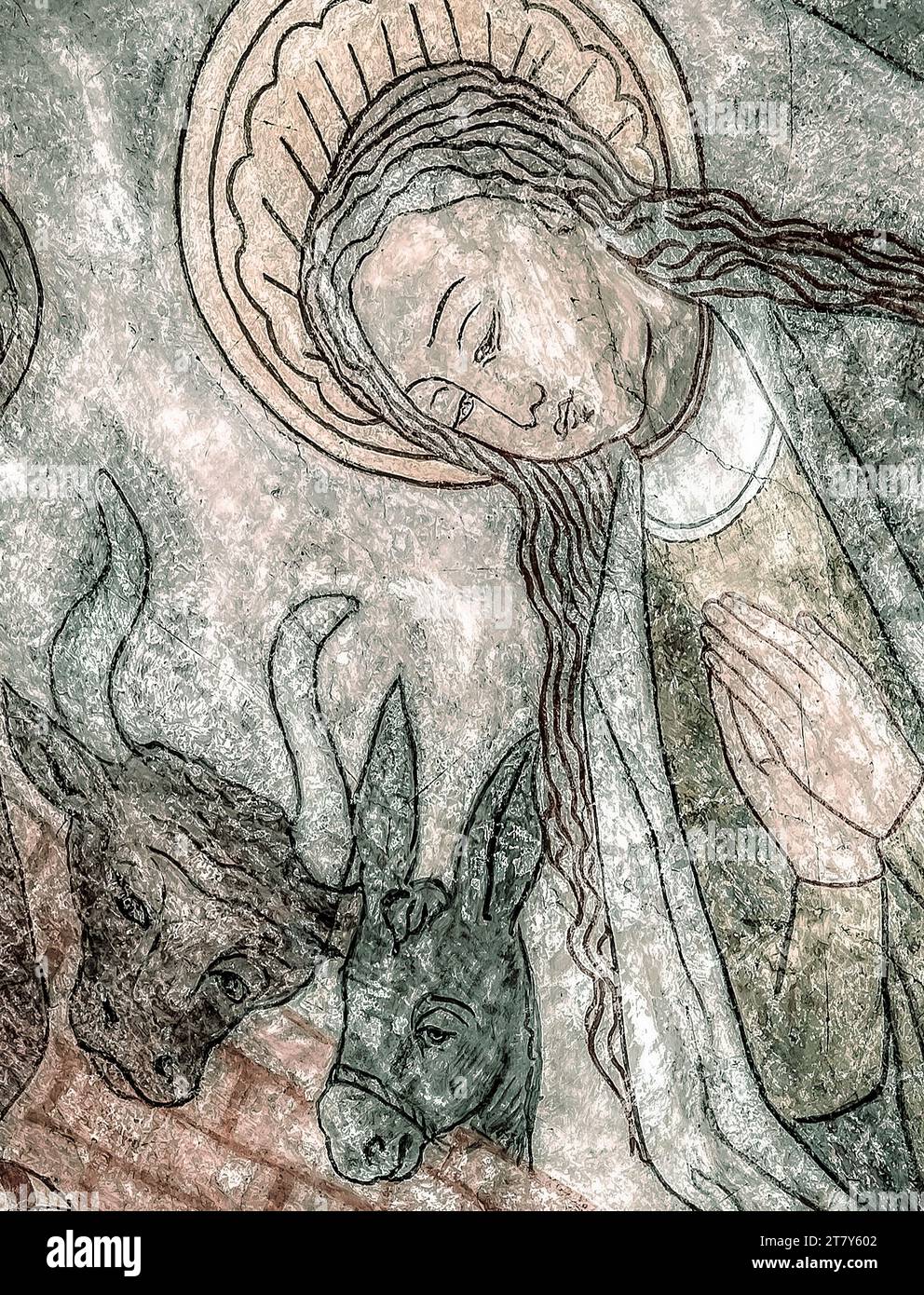 Vierge Marie avec en boeuf et un âne, une peinture murale d'environ l'an 1500 dans l'église de Saint Mary, Elsinore, Danemark, 14 mai 2019 Banque D'Images