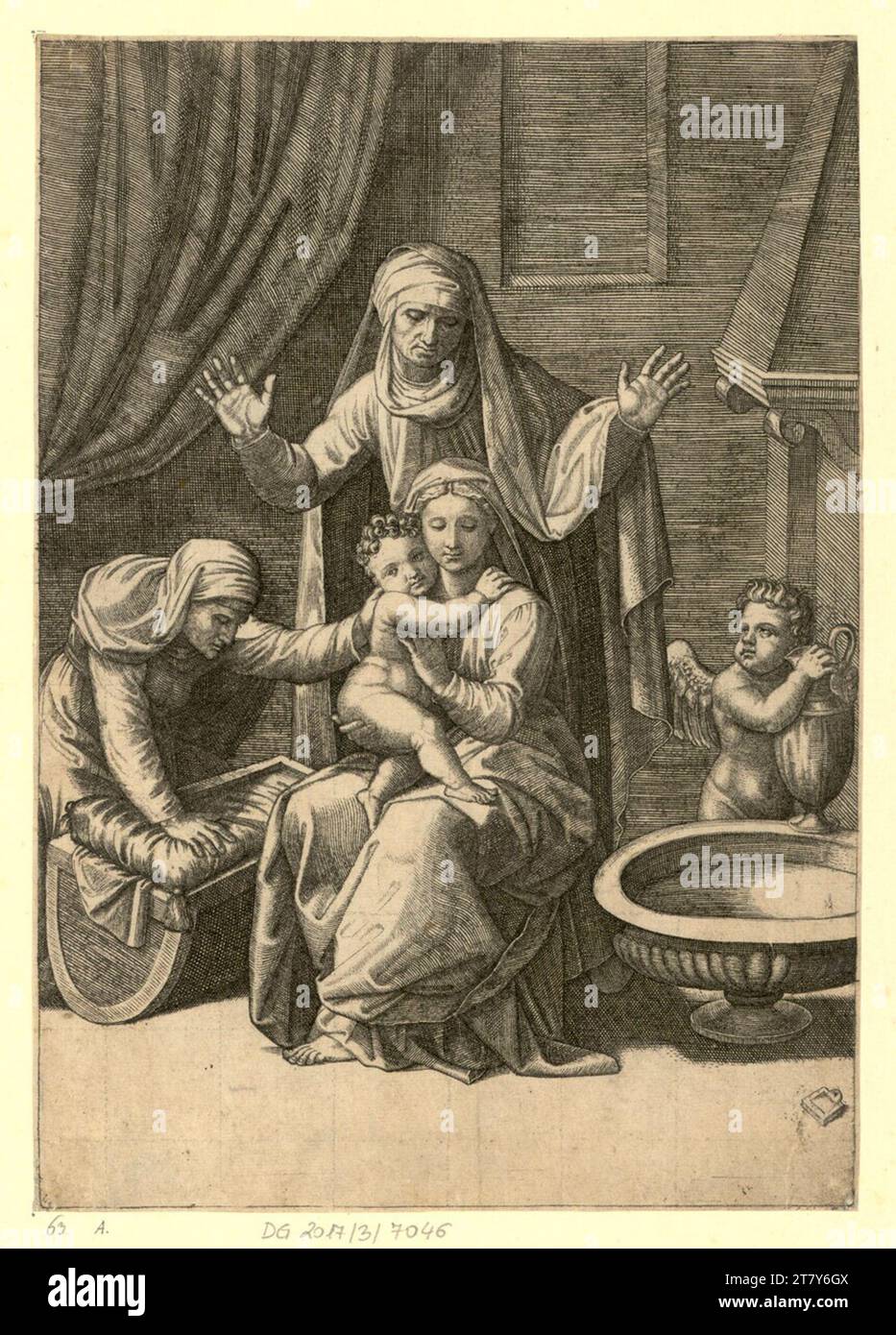 Marco Dente la sainte famille avec le berceau. Gravure sur cuivre 1520-1599, 1520/1599 Banque D'Images