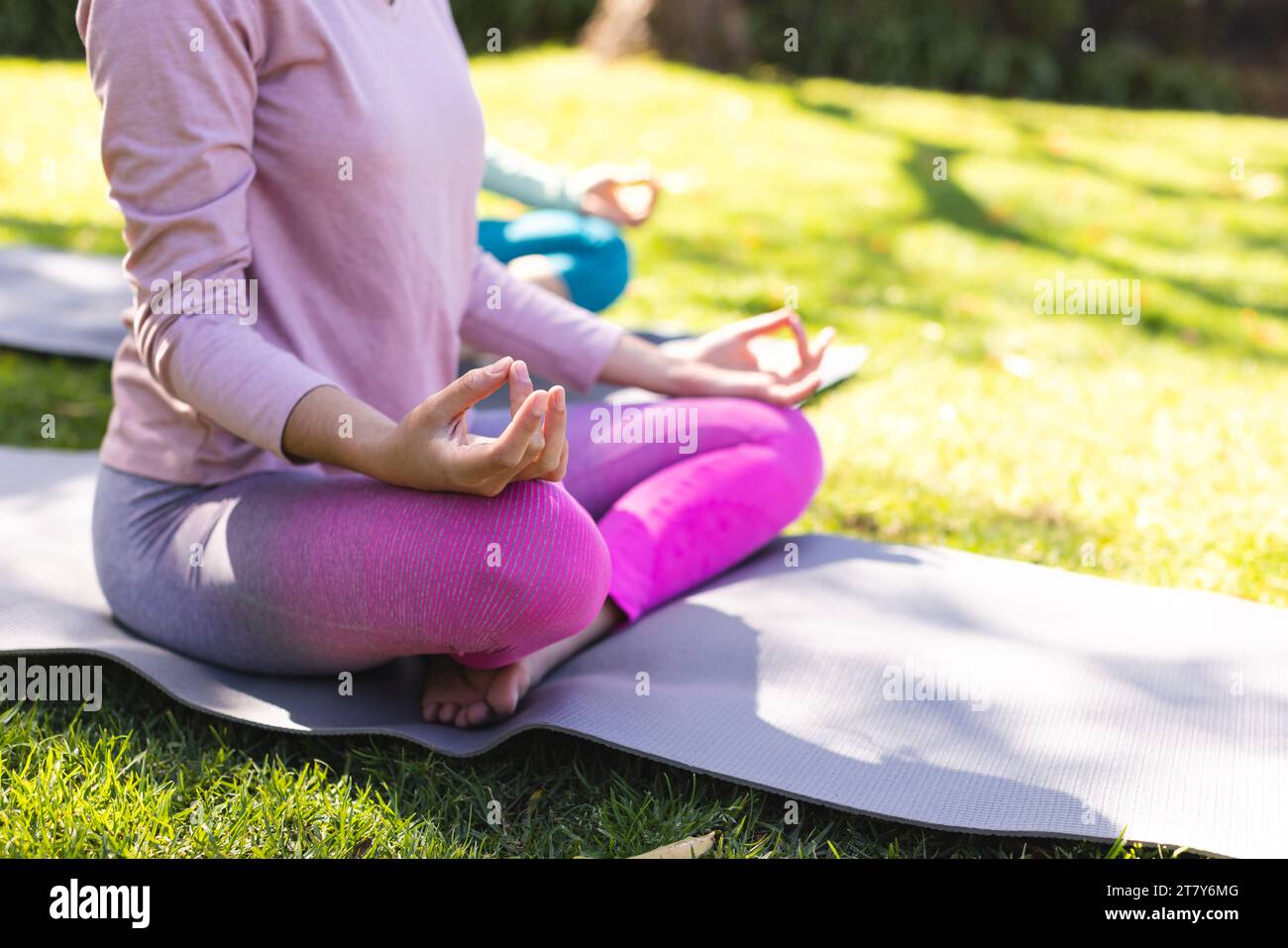 Section basse du couple de lesbiennes biracial pratiquant la méditation de yoga dans le jardin ensoleillé, espace de copie Banque D'Images