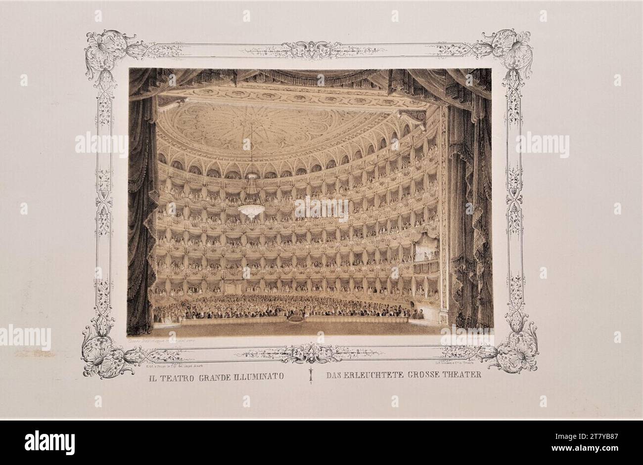 Giovanni Pividor (Lithographie in) le couple impérial Ferdinand Ier et Maria Anna d'Autriche lors de la visite du Théâtre de Trieste le 5 septembre 1844. Lithographie avec plaque d'argile et évidements blancs sur papier 1845, 1845 Banque D'Images