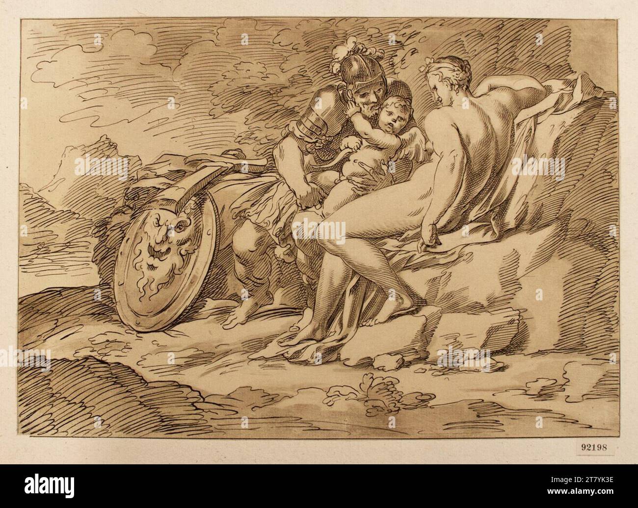 Luca Giordano Vénus, Mars et Amor. Gravure, plaque d'argile, feuille est réduite jusqu'à la ligne de bordure Banque D'Images