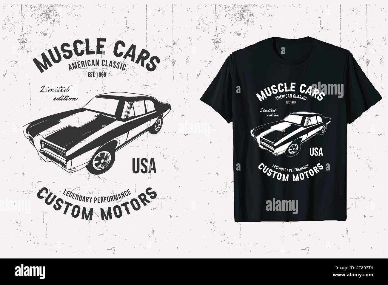 T-shirt American muscle Classic car. motif usa car t-shirt. motif de tshirt de voitures anciennes de style vintage. modèle d'impression noir et blanc. Illustration de Vecteur