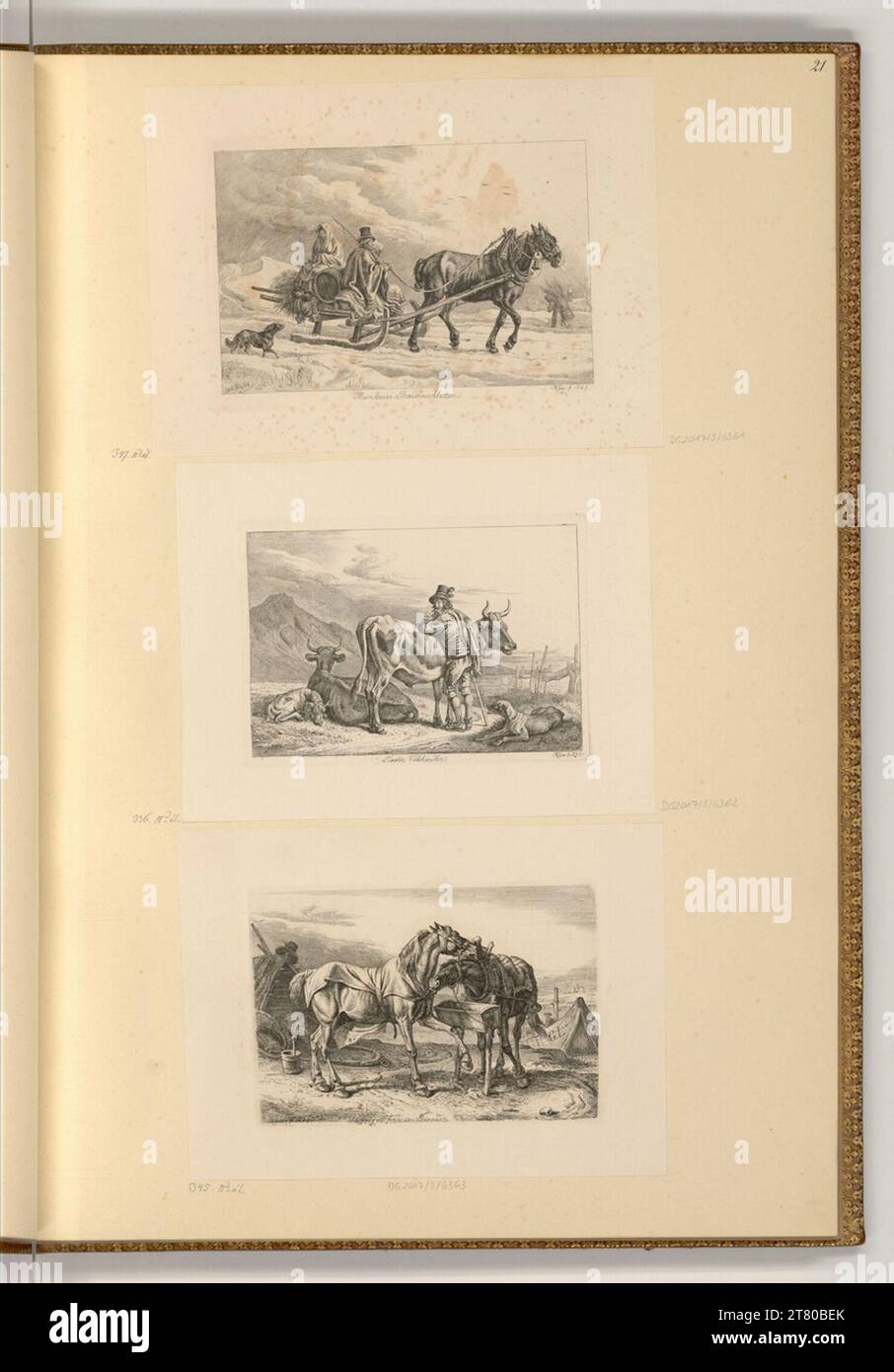 Johann Adam Klein (Ausführende r Künstler in) traîneau fermier de Munich ; marchand de bétail tyrolien ; expédition de chevaux dans le Bivouac. gravure 1845, 1845 Banque D'Images