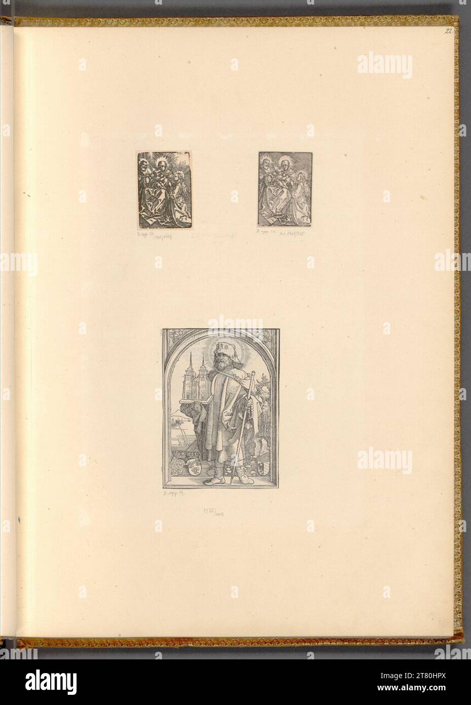 Albrecht Dürer (École) assise vierge Marie, sur son plan l'enfant de Jésus, tenant une pomme ; Saint Sebald (titre gravure sur bois à vivre et miracles de Saint Sebaldus, Nuremberg 1514). Gravure sur bois 1514-1525, 1514/1525 Banque D'Images