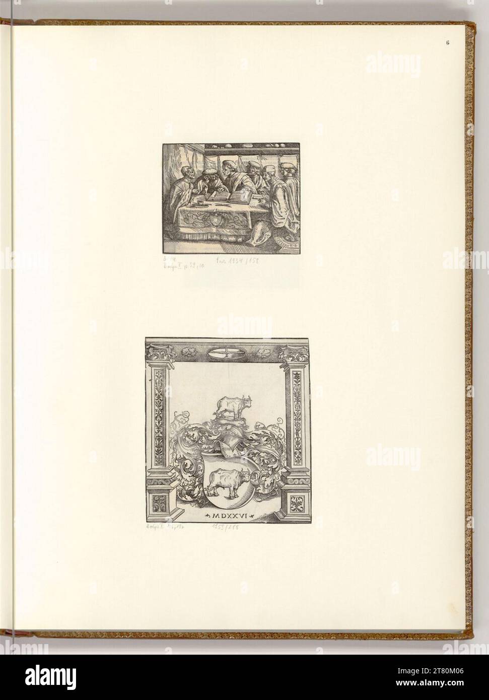 Hans Burgkmair d. Ä. Six érudits assis autour d'une table ; les armoiries de la famille Rehm. Gravure sur bois 1488-1531, 1488/1531 Banque D'Images