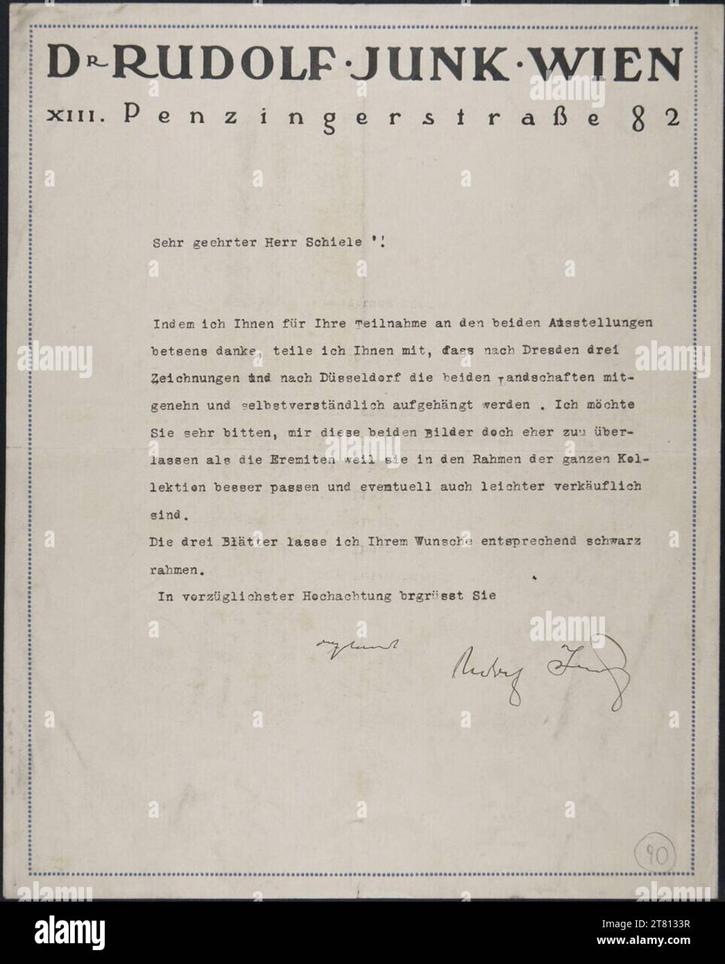 Rudolf Junk (Verfasser in) lettre du Dr Rudolf Junk à Egon Schiele de mai 1913. Machine sauvage et encre (noir) sur papier Mai 1913 , 1913-05 Banque D'Images