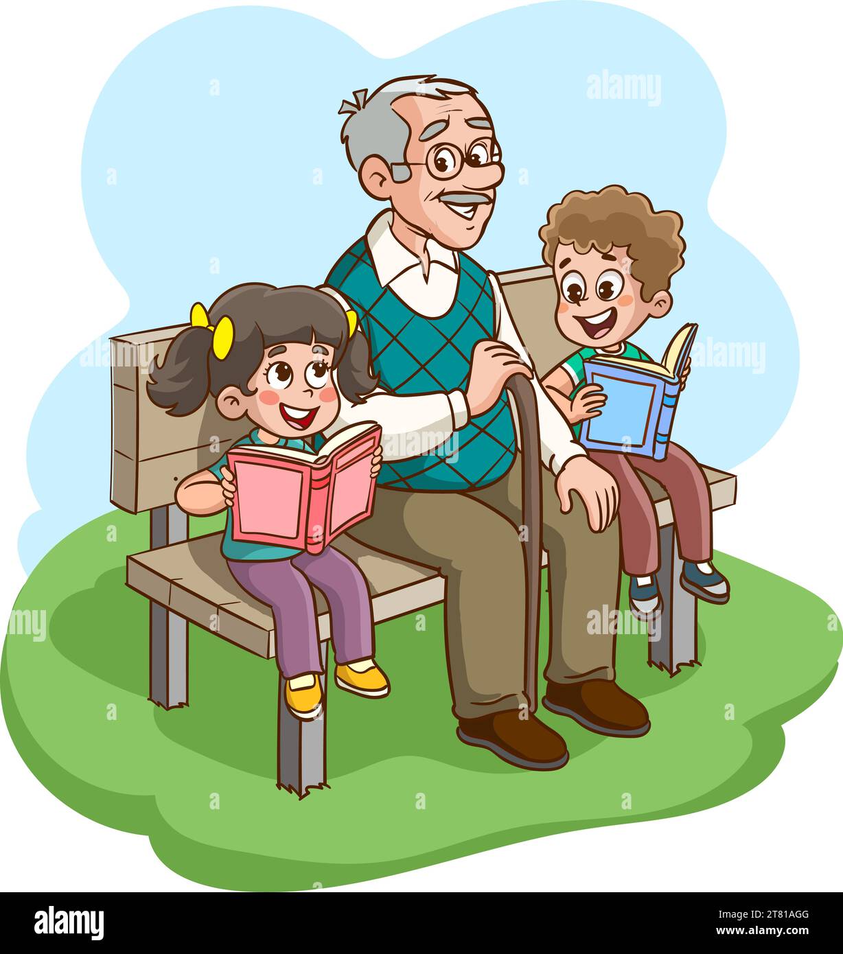 enfants lisant un livre assis sur le banc avec son grand-père Illustration de Vecteur