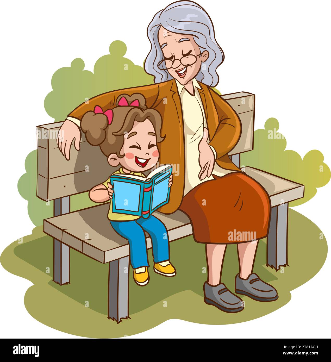 enfants lisant un livre assis sur le banc avec sa grand-mère Illustration de Vecteur