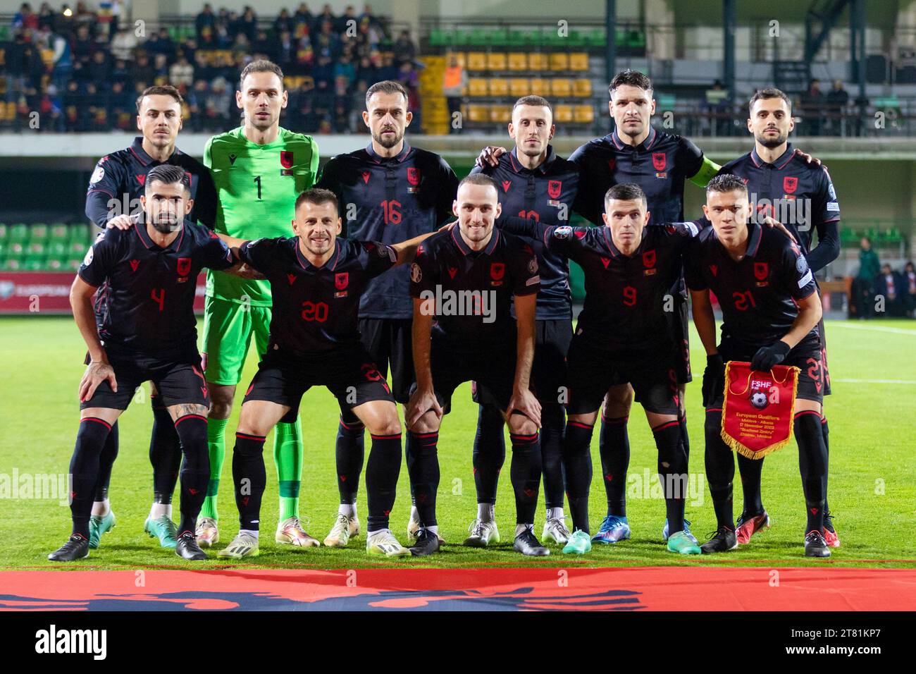 Photo de l'équipe nationale albanaise lors de la qualification POUR L'EURO 2024, groupe E, match de football entre la Moldavie et l'Albanie le 17 novembre 2023, Stadionul Zimbru Chisinau. Crédit : Nderim Kaceli/Alamy Live News Banque D'Images